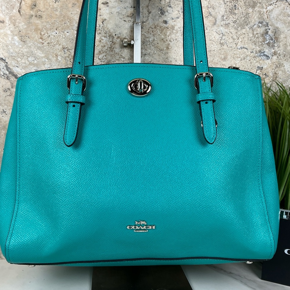 Coach Turnlock Carryall 29 Aqua Blue Teal Leather Shoulder Crossbody Satchel Bag - Picture 5 of 15